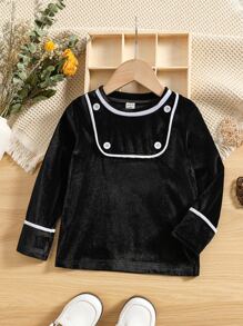 Toddler Girls Contrast Tape Fake Button Blouse - Black - View 1