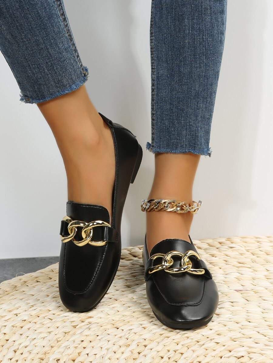 Giày lười đế bằng trang trí khóa kim loại cho nữ, giày đế bằng thoải mái cho mọi mùa, thời trang cổ điển đa năng thanh lịch thích hợp cho hoạt động ngoài trời - màu đen - Xem 1
