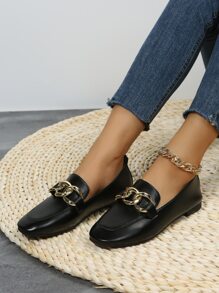 Giày lười đế bằng trang trí khóa kim loại cho nữ, giày đế bằng thoải mái cho mọi mùa, thời trang cổ điển đa năng thanh lịch thích hợp cho hoạt động ngoài trời - màu đen - Xem 3