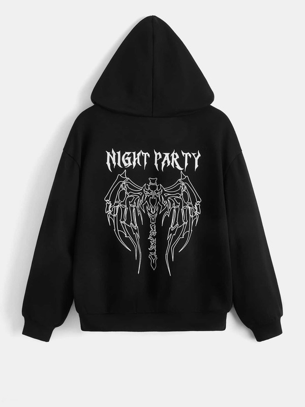 SHEIN Kids EVRYDAY Boys Letter & Wings Print Drop Shoulder Hoodie