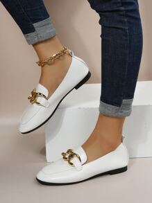 女士金属扣装饰平底乐福鞋，舒适休闲平底鞋，经典百搭时尚优雅，适合户外穿着 - 白色 - 查看 1