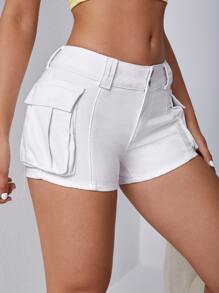 SHEIN 側翻蓋口袋牛仔短褲 - 白色 - 查看 1