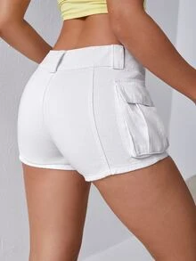 SHEIN 側翻蓋口袋牛仔短褲 - 白色 - 查看 2