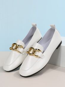 女士金属扣装饰平底乐福鞋，舒适休闲平底鞋，经典百搭时尚优雅，适合户外穿着 - 白色 - 查看 6