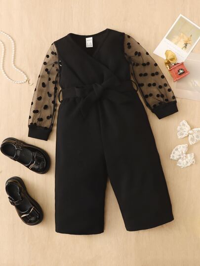 SHEIN Baby Girl Polka Dot Mesh Insert Belted Jumpsuit