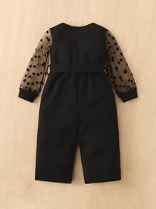 SHEIN Baby Girl Polka Dot Mesh Insert Belted Jumpsuit - Black - View 2