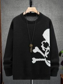 Manfinity EMRG Men Halloween Skull Pattern Drop Shoulder Sweater - Black - View 1