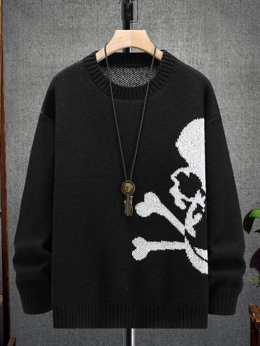 Manfinity EMRG Men Halloween Skull Pattern Drop Shoulder Sweater - Black - View 1