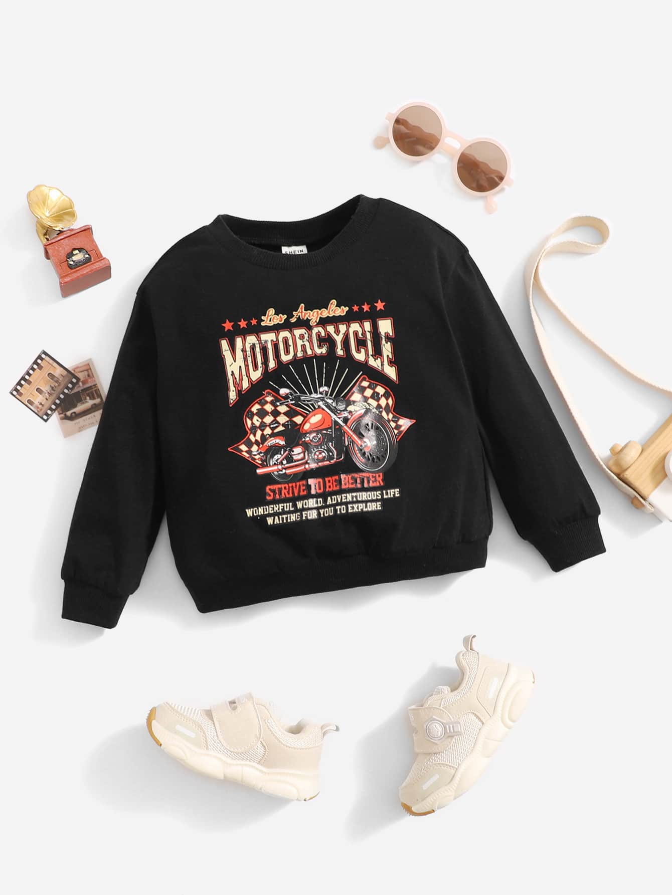 SHEIN Baby Slogan & Motorcycle Print Pullover - Black - View 1