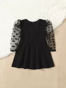 SHEIN Leap Crew Đứa bé gái Lưới Dobby tương phản Ống tay áo Đầm - màu đen - Xem 2
