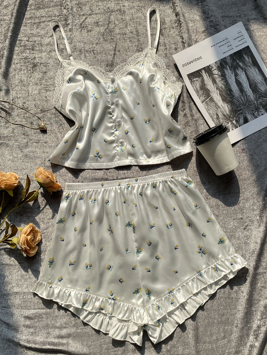 Ditsy Floral Contrast Lace Fake Button Ruffle Hem Satin PJ Set - Yellow - View 1