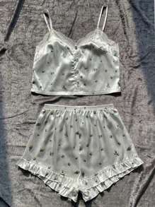 Ditsy Floral Contrast Lace Fake Button Ruffle Hem Satin PJ Set - Yellow - View 3