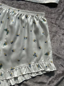 Ditsy Floral Contrast Lace Fake Button Ruffle Hem Satin PJ Set - Yellow - View 4