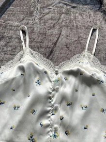 Ditsy Floral Contrast Lace Fake Button Ruffle Hem Satin PJ Set - Yellow - View 5