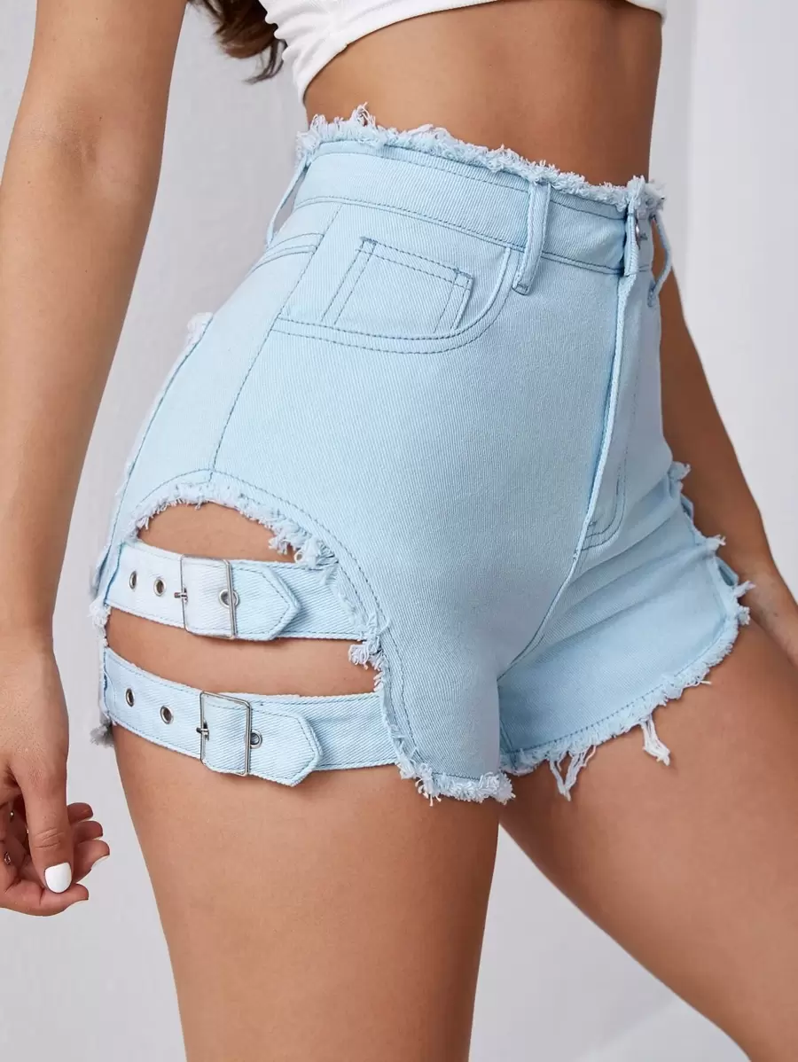 SHEIN ICON Raw Hem Strap Detail Denim Shorts - Light Wash - View 1