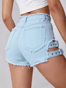 SHEIN ICON Raw Hem Strap Detail Denim Shorts - Light Wash - View 2