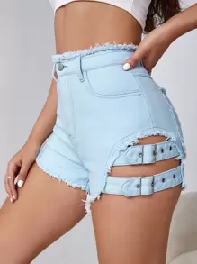 SHEIN ICON Raw Hem Strap Detail Denim Shorts - Light Wash - View 3