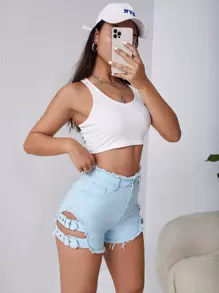 SHEIN ICON Raw Hem Strap Detail Denim Shorts - Light Wash - View 4