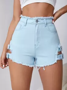 SHEIN ICON Raw Hem Strap Detail Denim Shorts - Light Wash - View 5