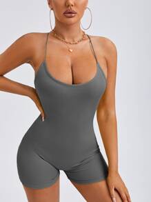 SHEIN SXY 後背十字交叉彈力緊身連體短褲 - 灰色 - 查看 1