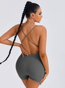 SHEIN SXY 後背十字交叉彈力緊身連體短褲 - 灰色 - 查看 2