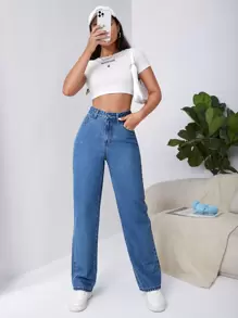 SHEIN Frenchy 高腰斜口袋男友牛仔褲 - 中等水洗藍 - 查看 5