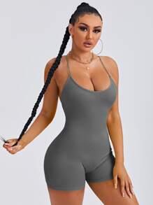 SHEIN SXY 後背十字交叉彈力緊身連體短褲 - 灰色 - 查看 3