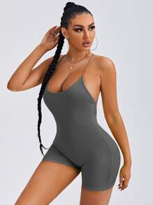 SHEIN SXY 後背十字交叉彈力緊身連體短褲 - 灰色 - 查看 4