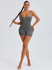 SHEIN SXY 後背十字交叉彈力緊身連體短褲 - 灰色 - 查看 5