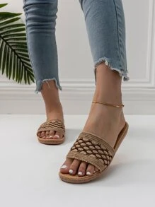 女式時尚棕色格紋亞麻拖鞋,適用於春夏季,適合海灘派對或度假,室內外皆可穿著,編織拖鞋 - 彩色 - 查看 3