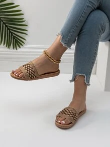 女式時尚棕色格紋亞麻拖鞋,適用於春夏季,適合海灘派對或度假,室內外皆可穿著,編織拖鞋 - 彩色 - 查看 2