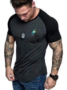 Manfinity Fitness Men Holographic Lightning Print Raglan Sleeve Sports Tee Workout Tops - Dark Grey - View 1