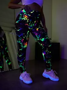 SHEIN EZwear 加厚反光彩墨印花緊身褲，霓虹發光聚會服裝