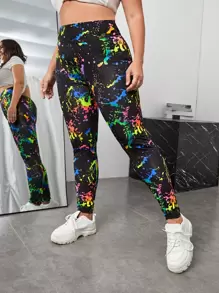 SHEIN EZwear 加厚反光彩墨印花緊身褲，霓虹發光聚會服裝