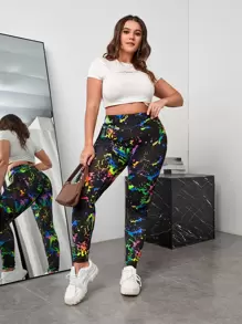 SHEIN EZwear 加厚反光彩墨印花緊身褲，霓虹發光聚會服裝