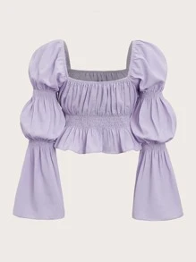 Soleia Áo sơ mi nữ Viên lá sen Dải chun màu trơn Thanh lịch - Màu Lilac Tím - Xem 2