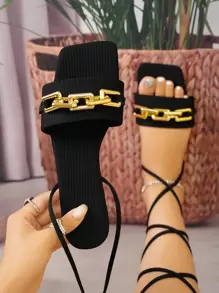 Punk Outdoors Lace Up Flat Sandals for Women, Chain Decor Polyester Open Toe Strappy Sandals