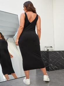 SHEIN EZwear Đầm Plus Size Gân đan màu trơn Thanh lịch - màu đen - Xem 2