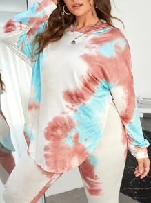 SHEIN LUNE 大碼紮染落肩袖連帽衫和緊身褲 - 淺藍色 - 查看 3