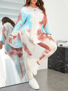 SHEIN LUNE 大碼紮染落肩袖連帽衫和緊身褲 - 淺藍色 - 查看 4