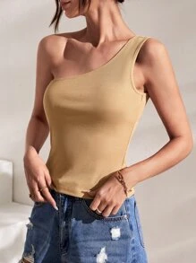 SHEIN Essnce One Shoulder Solid Top - Khaki - View 6
