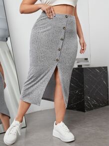 SHEIN EZwear 大碼前紐扣高衩半身裙 - 灰色 - 查看 4