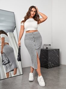SHEIN EZwear 大碼前紐扣高衩半身裙 - 灰色 - 查看 1