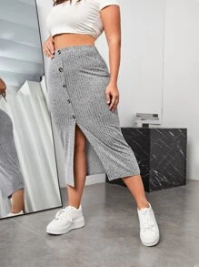 SHEIN EZwear 大碼前紐扣高衩半身裙 - 灰色 - 查看 5