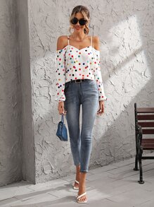 SHEIN Clasi 波卡圓點挖肩襯衫 - 白色 - 查看 3