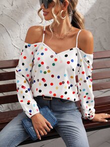 SHEIN Clasi 波卡圓點挖肩襯衫 - 白色 - 查看 4