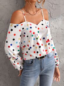 SHEIN Clasi 波卡圓點挖肩襯衫 - 白色 - 查看 5