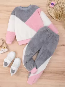 SHEIN Toddler Girls Colourblock Teddy Sweatshirt & Trousers - Multicolor - View 1