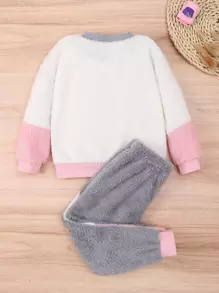 SHEIN Toddler Girls Colourblock Teddy Sweatshirt & Trousers - Multicolor - View 2