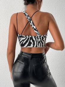 SHEIN Privé Áo nữ Bất đối xứng Pha lê kim cương In cá sấu Sọc ngựa vằn Gợi cảm - Đen và trắng - Xem 2